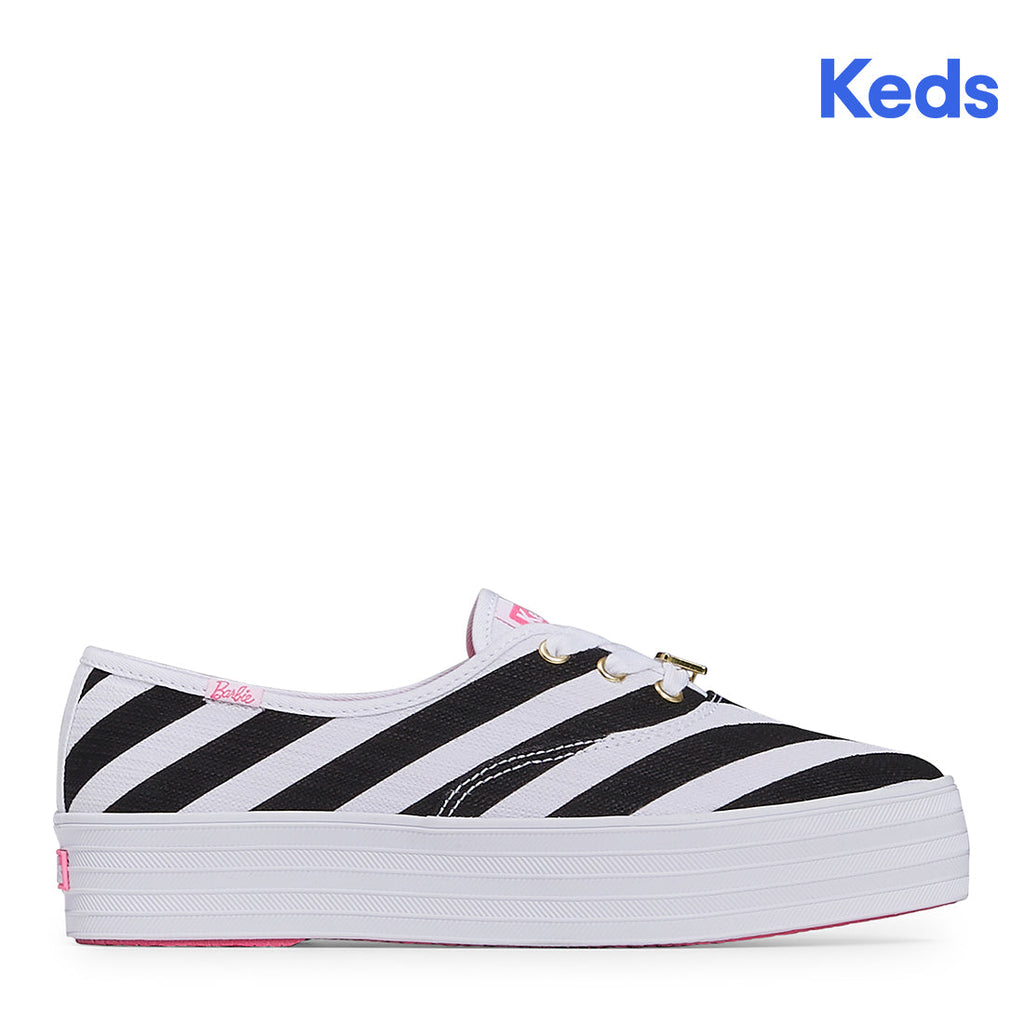 Women's Barbie Point Striped Textured Canvas Sneaker Black/White