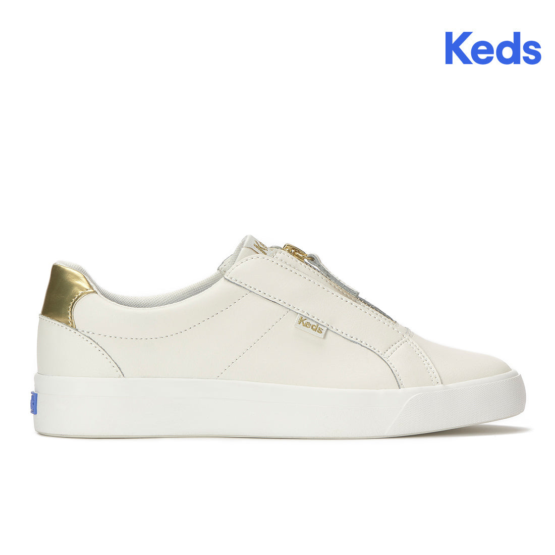 Keds Pursuit Zip Leather Metallic Heel Sneaker Snow White/Gold