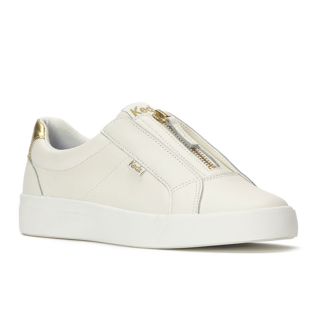Keds Pursuit Zip Leather Metallic Heel Sneaker Snow White/Gold