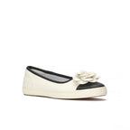 Womens Maisie Ballet Toe Cap Leather Flower Applique Egret/Black Sneakers