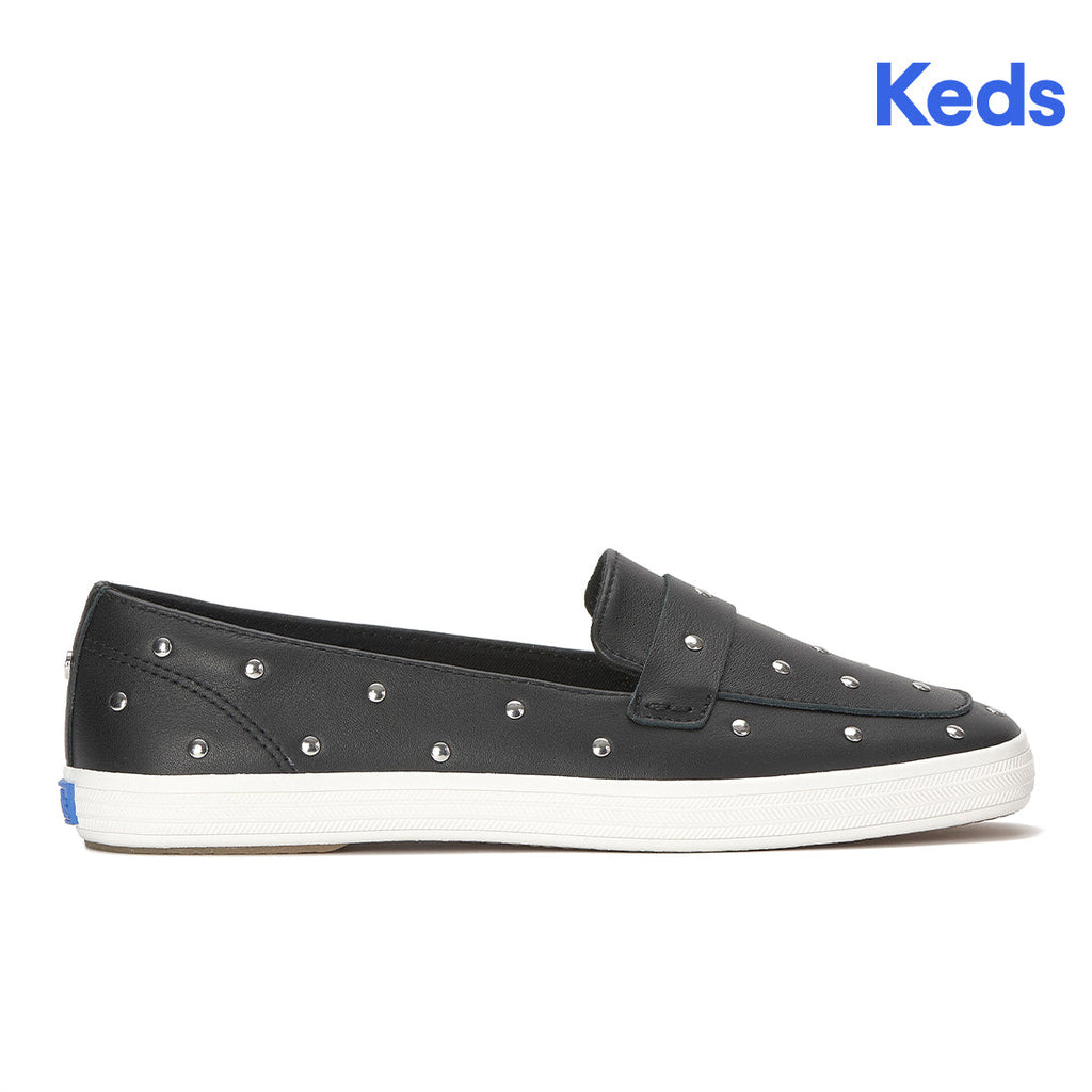 Womens Keds Square Toe Loafer Leather Studs Black/Silver Sneakers